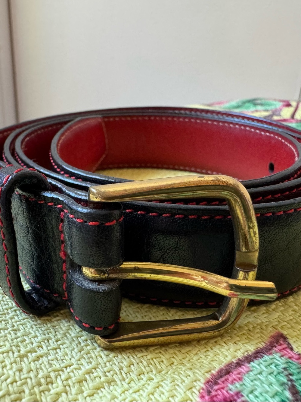 Vintage Colours by Alexander Julian Black Leather Belt 36 Red Stitching